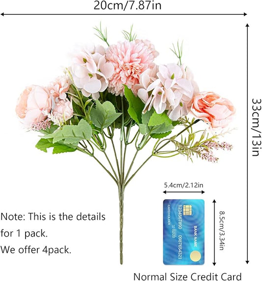 DDcafor Artificial Flowers, 4 Packs Pink Fake Peony Silk Hydrangea Bouquet Decor Plastic Carnations Daisy Realistic Flower Home Office Party Decor Arrangements Wedding Decoration Table Centerpieces