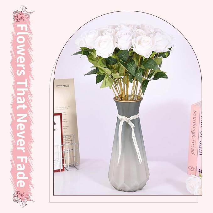 6 PCS White Roses Artificial Flowers, Fake White Roses Bouquet,White Artificial Silk Roses with Stems for Wedding Flowers Decoration, Valentines Day Mothers Day, Bridal Bouquet Roses