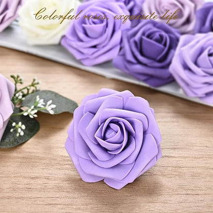 BLEUM CADE 16Pcs Artificial Flowers Fake Roses with Stems, Gradient Purple Boxed Foam Roses for DIY Bouquets Centerpieces Wedding Party Arrangement Bridal Shower Decor