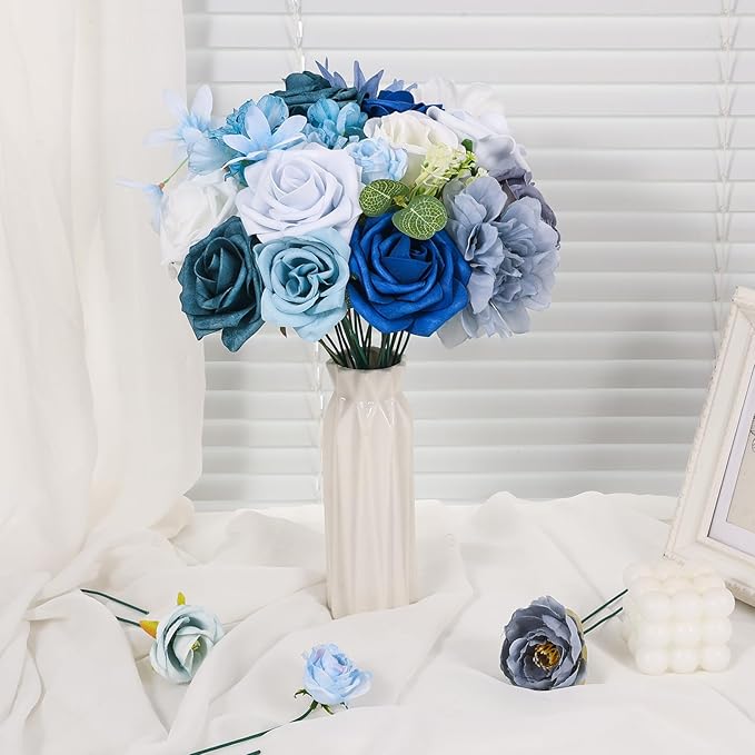 Artificial Flowers Combo Box Blue Dusty Blue Artificial Flowers for DIY Tables Centerpieces Baby Shower Bridal Shower Wedding Bouquet Arrangements Decor