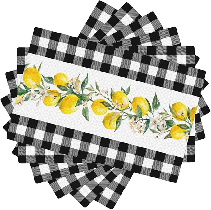 Lemon Linen Placemats Set of 6 Black White Buffalo Plaid Placemats for Indoor Outdoor Party Home Desktop Kitchen Dining Room Decor 12x18 Inch
