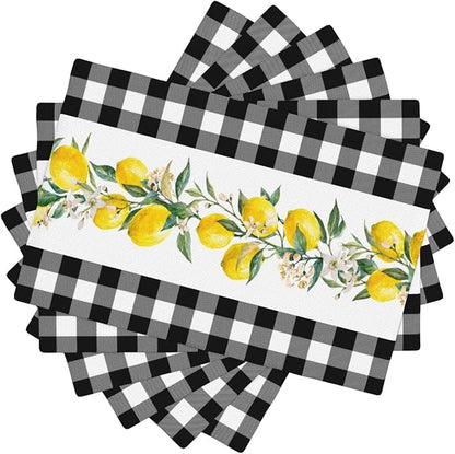 Lemon Linen Placemats Set of 6 Black White Buffalo Plaid Placemats for Indoor Outdoor Party Home Desktop Kitchen Dining Room Decor 12x18 Inch