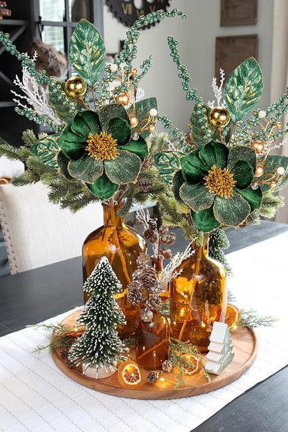 Briful 2PCS Christmas Glitter Magnolia Flowers Picks and Spray with Christmas Balls Ornament Berries Green Leaves Branches for Xmas Tree Wreath Vase Table Centerpiece(Green Gold)