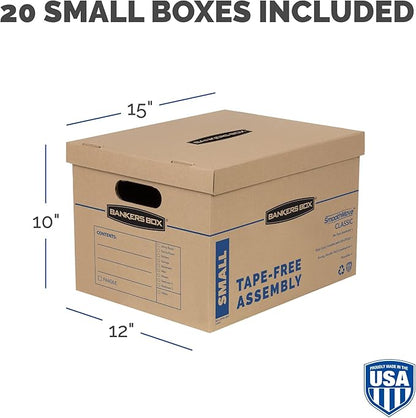 Bankers Box Small Classic Moving Box 20 Pack, Reinforced Handles, Tape-Free Assembly, Box with Lid, 15-in x 12-in x 10-in (7714210)