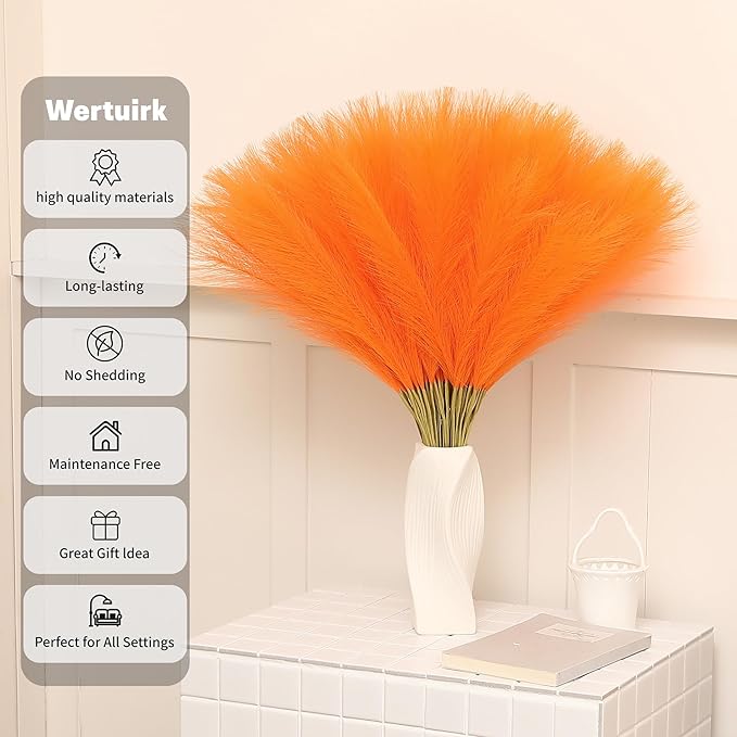 Faux Orange Pampas Grass - 60 pcs 24 Inch Artificial Pampas Grass Decor, Tall Pampas Grass for Floor Vase, Table Centerpieces, Wedding, Party and Living Room Decor (Orange, 60 Pieces)