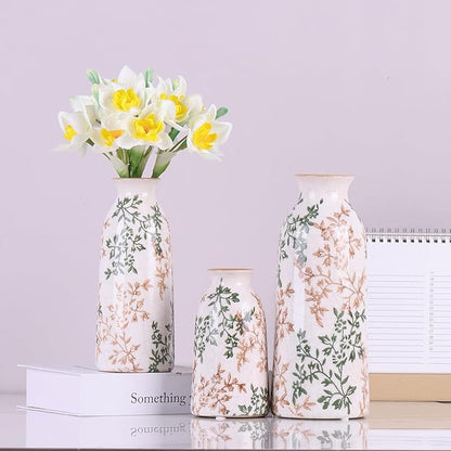 Ceramic Vase Set of 3, Vintage Green and Beige Vases Set, Flower Rustic Chinoiserie Vases Floral Grand Millennial Farmhouse Decor Vase (Green and Beige-Set of 3)