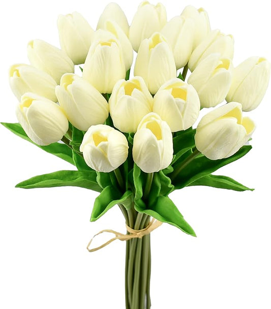 Mandy's Artificial Tulips 20 Stems Cream PU Faux Flowers for Thanksgiving and Christmas Decorations Wedding Home Decor 13.5 Inch