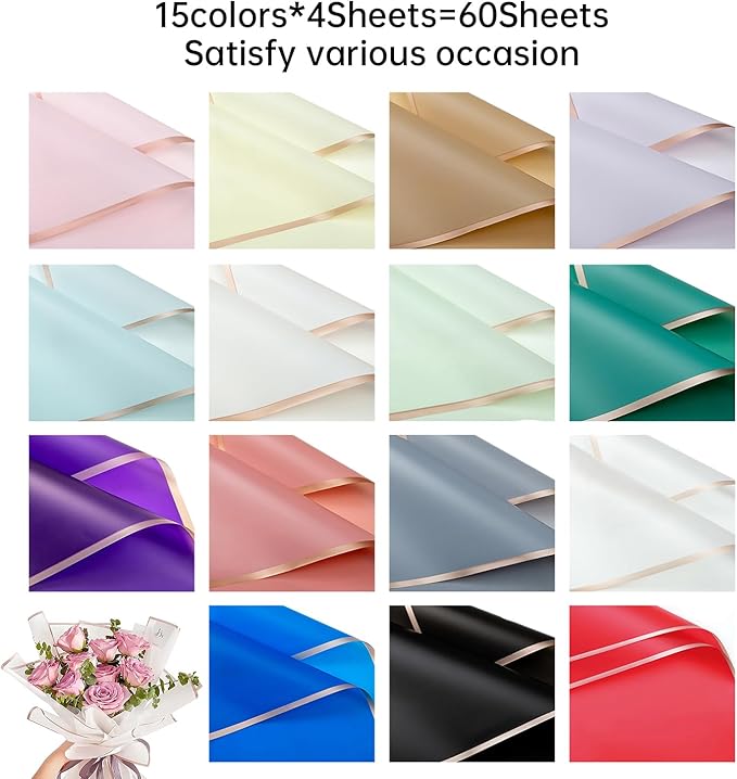 Bupduq 60 Sheets 15 colors Flower Bouquet Wrapping Paper，Florist Supplies Waterproof Floral Bouquet Wrapping Paper Bouquet Accessorie，Flower Shop Packaging Pape for DIY Gift Wedding Birthday