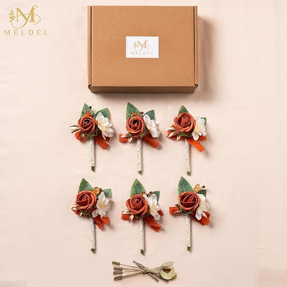 Meldel Rose Boutonniere for Men Wedding, Set of 6, Guest Groom Groomsmen Boutonnieres Prom Corsage for Weddings Homecoming Ceremony Anniversary Party Suit Decoration Flower, Burnt Orange/Terracotta
