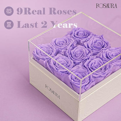 Rosaura Square Preserved Roses Gift Box - Real Forever Flowers in Clear Acrylic Lid, Valentine's for Women (Light Purple, 9 Roses)