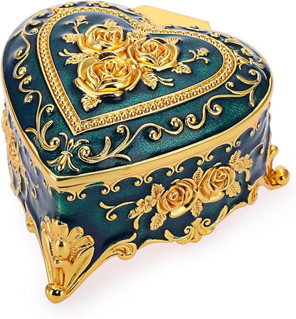 Hipiwe Vintage Metal Jewelry Box - Heart Shape Trinket Box Ring Case with Rose Pattern Jewelry Storage Box for Ring Earrings Necklace, Keepsake Box for Women, Blue