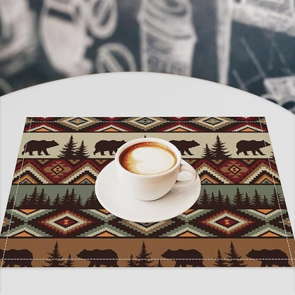 Rustic Lodge Bear Placemats Set of 6, Vintage Cabin Pine Cone Plaid Place Mats, Heat Resistant Non Slip Cotton Linen Dining Table Mats for Home Kitchen Party 18x12 Inch