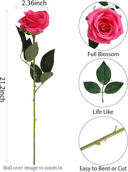 DuHouse 10pcs Fake Roses Artificial Silk Flowers Faux Rose Flower Long Stems Bouquet for Arrangement Wedding Centerpiece Party Home Kitchen Decor(Hot Pink)