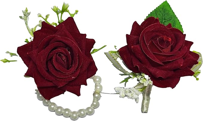 Red Boutonniere and Corsage Set - 2Pcs Groom Boutonniere & Wrist Corsage Bracelets for Wedding, Prom and Anniversary,Formal Dinner Party,Ring Bearer & Niece Accessories