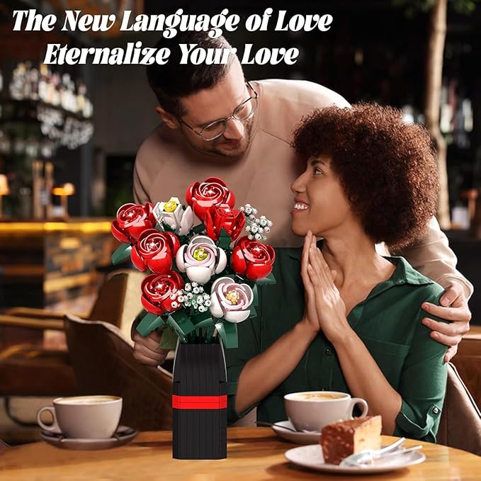 Roses Flower Bouquet Building Kit, 841PCS Red Roses Artificial Flowers with Vase, Botanical Collection Forever Rose Toy for Adults, Kids, DIY Gifts for Women, Her, Him Anniversaries