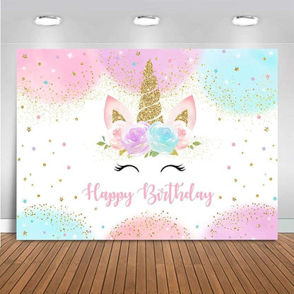 Mocsicka Unicorn Birthday Decorations Backdrop for Girls Party 6x4ft Pastel Rainbow Glitter Stars Dots Happy Birthday Banner Photo Booth Props