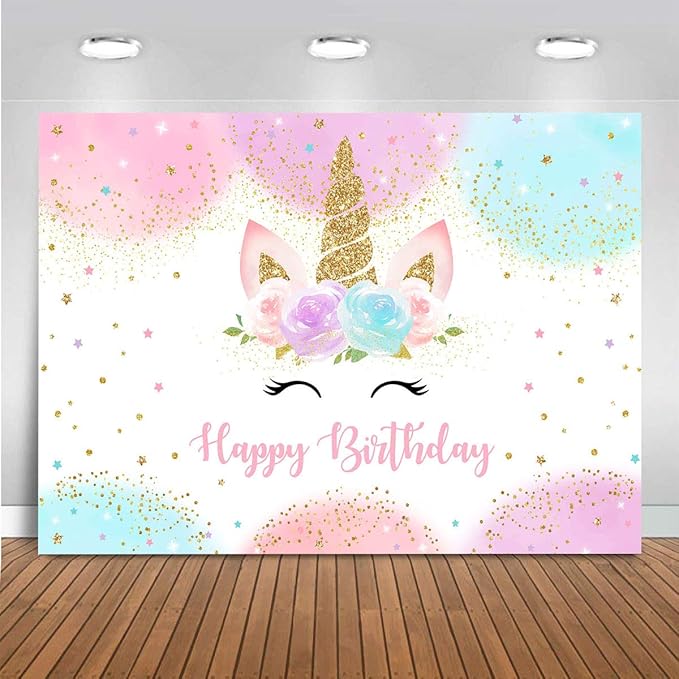 Mocsicka Unicorn Birthday Decorations Unicorn Backdrop for Girls Birthday Party 7x5ft Pastel Rainbow Unicorn Glitter Stars Dots Happy Birthday Banner Photo Booth Props