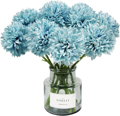 Tinsow 12 Pcs Artificial Flowers Faux Ball Chrysanthemum Bouquet Silk Light Blue Flowers Bridal Wedding Bouquet for Home Easter Party Wedding Decoration (Light Blue, 12)