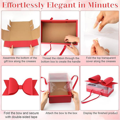 AceOrbit 2 Set Flower Gift Box with Bow Paper Empty Large Red Gift Baskets with Lid and Handle Squared Cardboard Fillable Present Chocolate Packaging for Christmas Valentine Birthdays Bridal Wedding