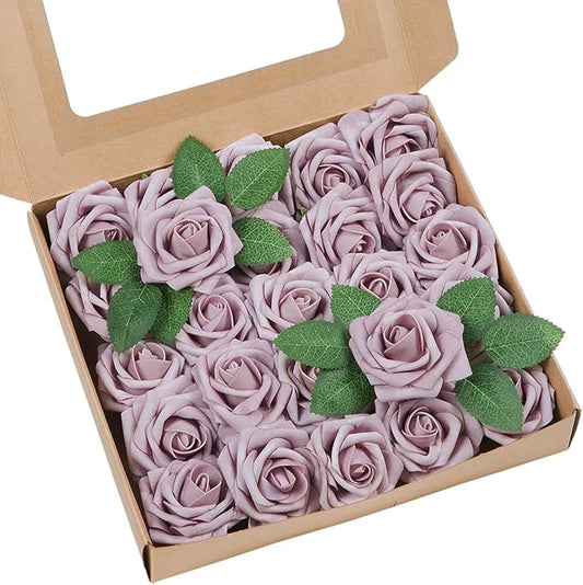 Meldel Artificial Flower 100pcs Real Touch Dusty Pink Rose Fake Foam Roses with Stems for DIY Wedding Bouquets Gifts Bulk Crafts Faux Floral Centerpieces Arrangements Home Party Tables Decorations
