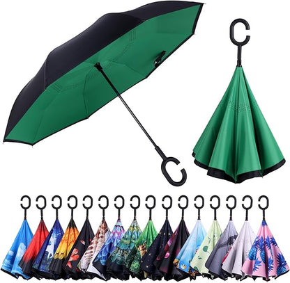 Inverted Umbrella, 49 Inch Double-Layer Vented Reverse Umbrella, Windproof Waterproof UV Protection, Lightweight C-Handle, Fiberglass Ribs, Steel Shaft, Travel/Commute/Car Use, With Sleeve