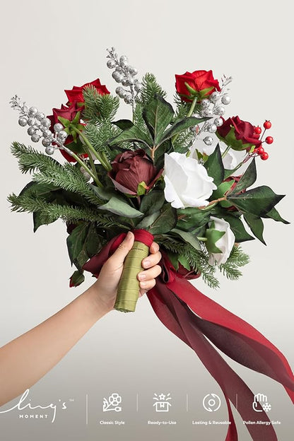 Ling's moment Christmas Red Wedding Bouquets for Bride, Xmas Winter Bridal Bouquets for Bride,13 Inch Free Form Artificial Wedding Flower Bouquet