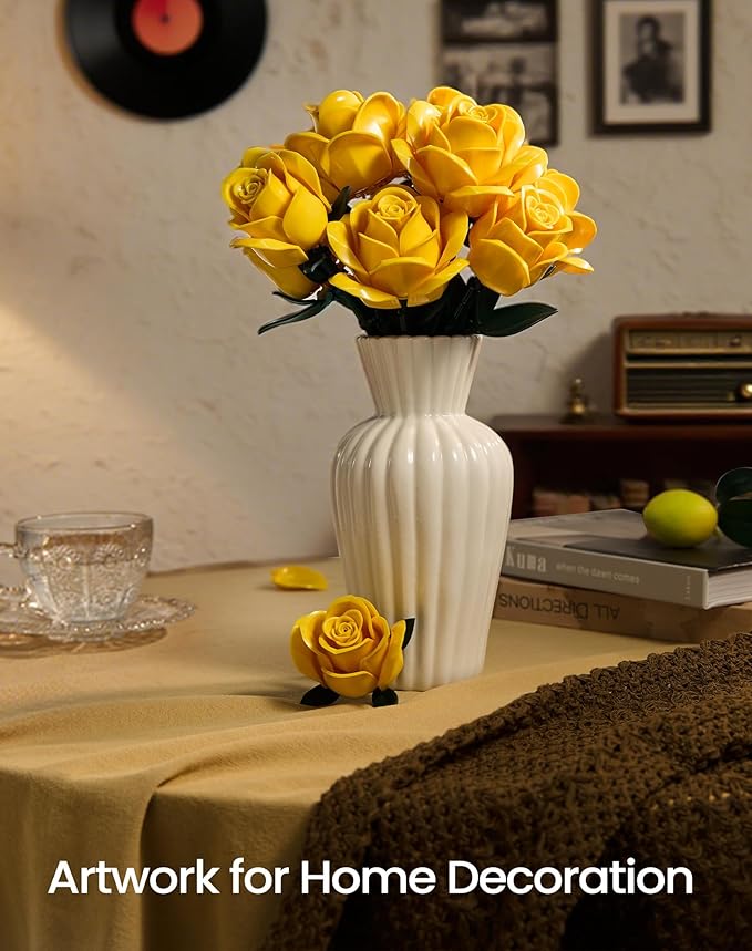 iATOM Yellow Rose Bouquet Building Set, Artificial Flowers Botanical Collection Kit for Adults, Gift for Christmas and Valentines Day, Warmming Home Office Table Centerpiece Decor - IA11019
