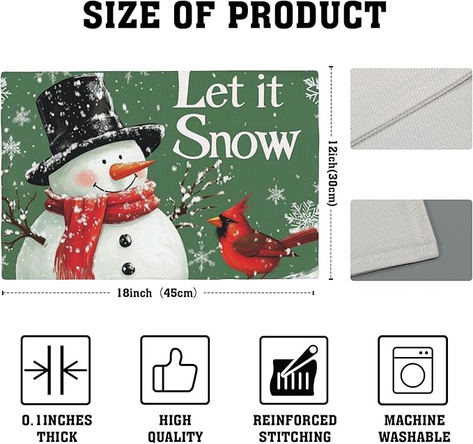 Let It Snow Placemats Set of 4,Christmas Snowman Placemats for Dining Table,Heat Resistant Stain Resistant Wipeable Table Mats for Kitchen Dining Holiday Party Home Decor,12x18 Inch