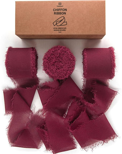 Vitalizart Burgundy Red Handmade Chiffon Silk Ribbon Fringe 3 Rolls 1.5" x 21 Yd Frayed Edges Ribbons for Wedding Invitations Bridal Bouquets Gifts Wrapping Crafts Holiday Decor