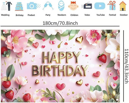 Pink Happy Birthday Backdrop Banner Gold Floral Heart Strawberry Design Photography Background Girls Birthday Party Decorations Photo Booth Supplies 71x43 Inch