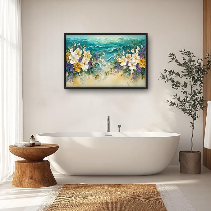 Beach Floral Large Wall Art Coastal Flower Pictures Wall Decor Summer Canvas Seascape Print Painting Modern Artwork Home Decoration for Living Room Bathroom Bedroom Office Framed 36"x24"