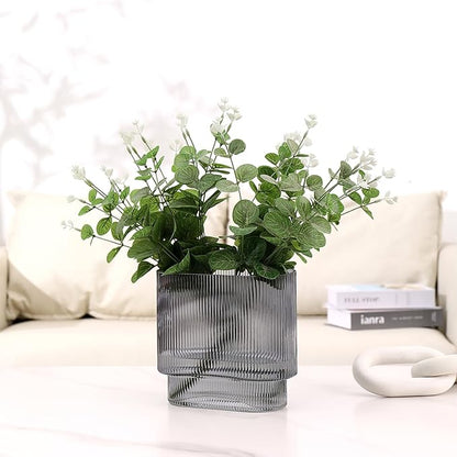 Ribbed Glass Vase, Black Glass Vase, Fluted Short Vases for Flowers, Modern Vases for Living Room, Dining Room, Bathroom, Desk, Shelf, Wedding, Office, 7 Inches