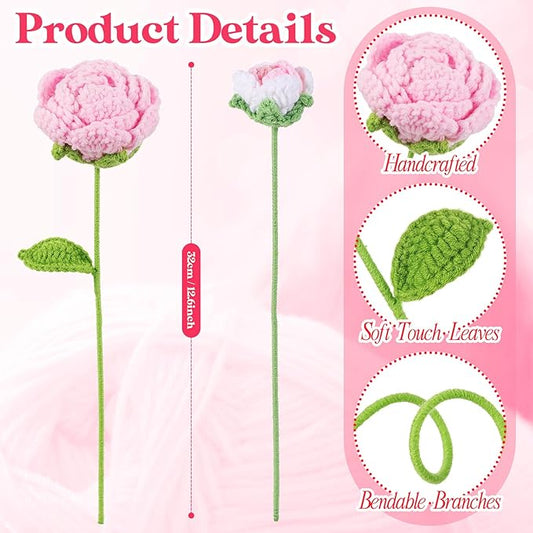 YoungJoy 12 Pcs Crochet Rose Handmade Knitted Flowers Tulip Sunflower Daisy Heart Artificial Knitted Floral Mother Day Graduation Home Decor(Mixed Pink)