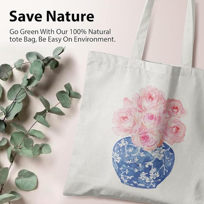 Blue and White Chinoiserie Prints Canvas Tote Bag for Women, Reusable Folding Shopping Bags with Handles