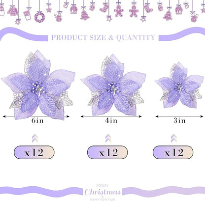 WILLBOND 36 Pieces Christmas Poinsettia Glitter Faux Flowers Christmas Artificial Flowers Tree Ornaments Topper Xmas Decorations(Purple)