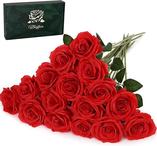 Waipfaru 16 Pcs Artificial Flowers Fake Silk Roses, Faux Real Touch Roses Bouquet with Long Stem for Wedding Party Home Decor (Red)