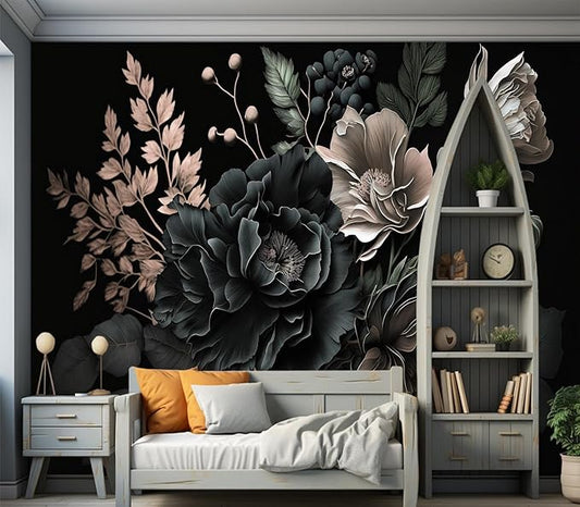 Eierme-Black Background with Flowers and Leaves Mural Wallpaper Peel and Stick 160" x 114"