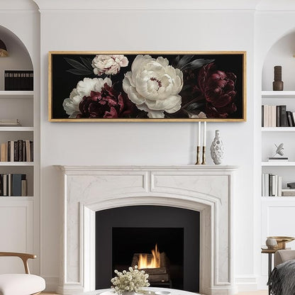 SIGNFORD Large Framed Canvas Print Wall Art Vintage Peonies Classic Floral Painting in Deep Tones Illustrations Modern Art Relax/Calm Warm for Living Room, Bedroom, Office - 60"x20"