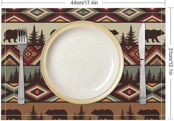 Rustic Lodge Bear Placemats Set of 6, Vintage Cabin Pine Cone Plaid Place Mats, Heat Resistant Non Slip Cotton Linen Dining Table Mats for Home Kitchen Party 18x12 Inch