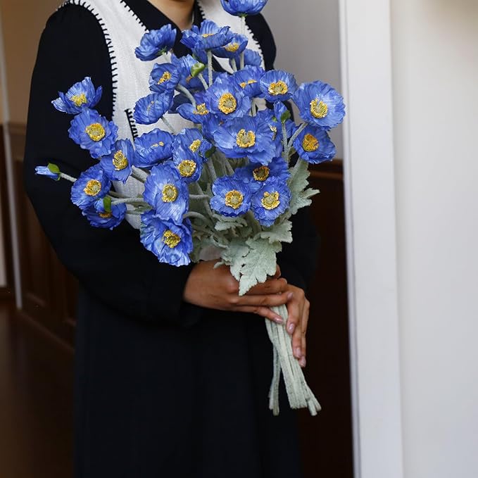 12PCS Poppy Flowers Artificial 23" Real Touch Stems Faux Poppies Silk Flowers for Home Decor Indoor (Dark Blue)