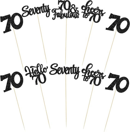 Gyufise 15Pcs 70th Birthday Centerpiece Sticks Seventy Happy 70th Table Flower Centerpieces Sticks Cheers to 70 Floral Decorations for 70th Birthday Party Centerpieces Supplies Black