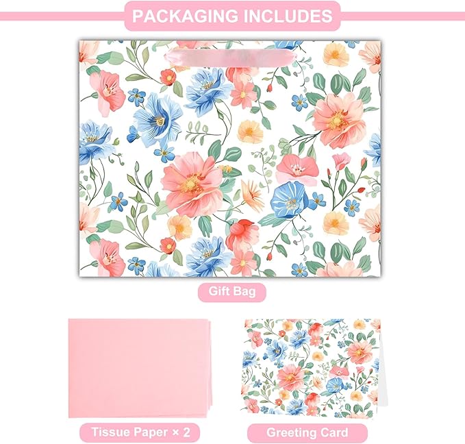 ASYEHNR 13" Large Size Floral Gift Bag Floral Pink Blue Sage Green Flower Pattern Gift Bag with Greeting Card Tissue Paper for Women Girls Birthday Baby Shower Wedding Mother's Day Spring Supplies