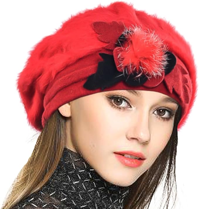 VECRY Lady French Beret 100% Wool Beret Floral Dress Beanie Winter Hat