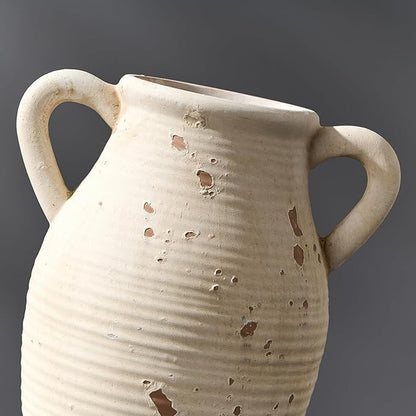 Large Ceramic Rustic Vase with 2 Handles, 9.8 inch Farmhouse Distressed Flower Vase for Home Decor, Living Room, Shelf Decor, Pampas Grass, Enterway, Table Decoration, Gift, White