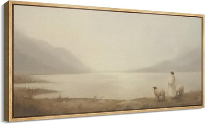 SIGNFORD Extra Large Framed Canvas Print Wall Art Pastoral Scene with Shepherd and Sheep by Lake Illustrations Modern Art Relax/Calm Warm for Living Room, Bedroom, Office - 60"x30"