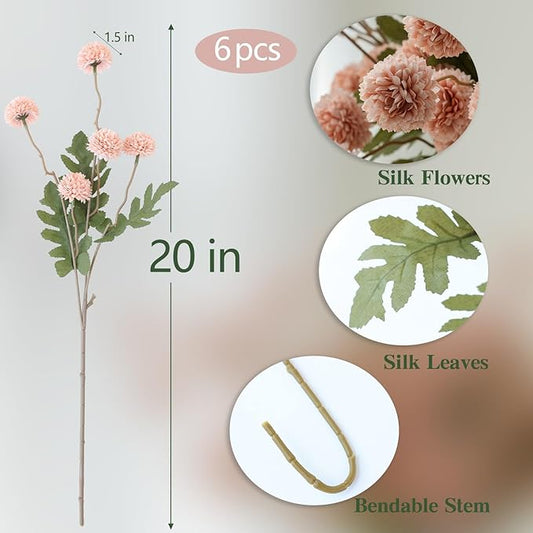 mizii 6Pcs Pink Fake Silk Pompon Mum Artificial Flowers Bulk Small Faux Chrysanthemums with Stems Realistic Floral Decorations for Wedding DIY Bouquet Centerpieces Shower Vase Home Decor (Light Pink)