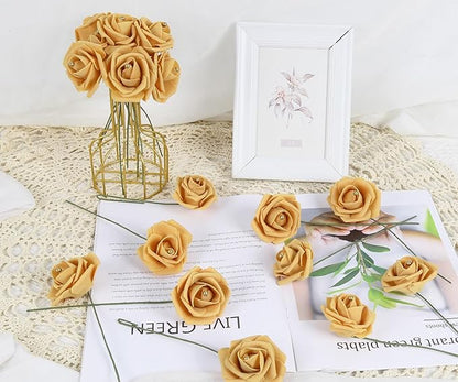 Foam Roses with Pearls 2.56in 50PCS Gold Roses Artificial Flowers Bulk Foam Flowers with Stem for Wedding, Bridal Shower, Cake, Graduation and Home Decor(Gold)