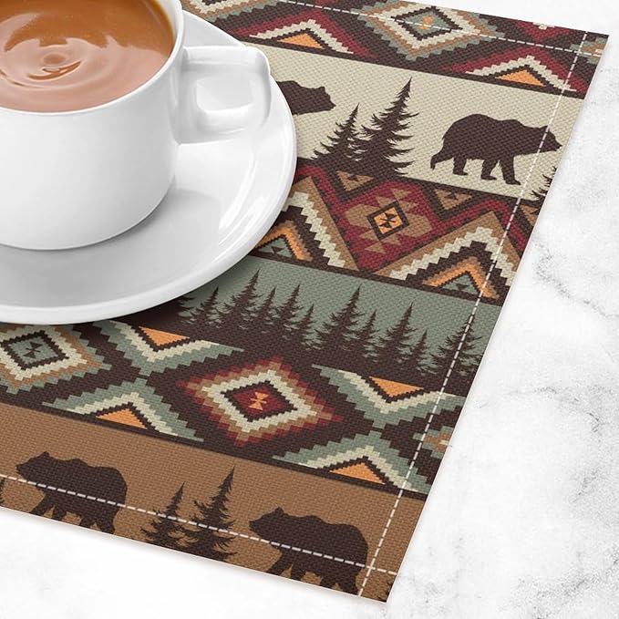 Rustic Lodge Bear Placemats Set of 6, Vintage Cabin Pine Cone Plaid Place Mats, Heat Resistant Non Slip Cotton Linen Dining Table Mats for Home Kitchen Party 18x12 Inch