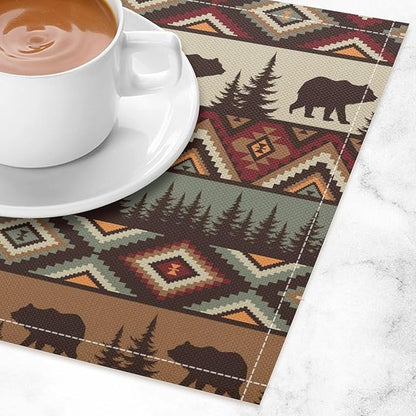 Rustic Lodge Bear Placemats Set of 4, Vintage Cabin Pine Cone Plaid Place Mats, Heat Resistant Non Slip Cotton Linen Dining Table Mats for Home Kitchen Party 18x12 Inch