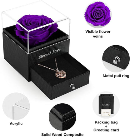 for Mom Preserved Real Rose with I Love You Necklace in 100 Language Gift for Her, Mom Girlfriend Women,Wife, Eternal Real Rose Flower for Birthday Anniversaries